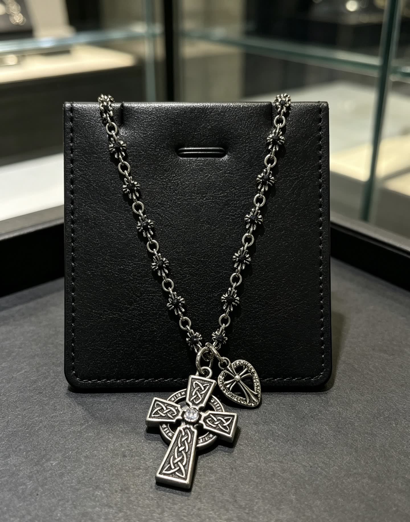 Chrome Hearts Silver Celtic Cross Necklace with Heart Charm